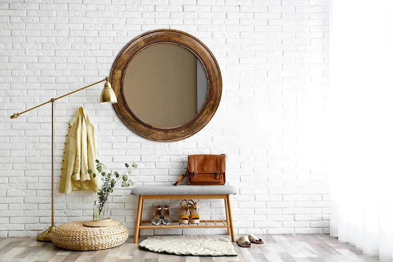 Hello Honey® Walnut Round Carved Wood Framed Wall Mirror