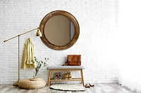Hello Honey® Walnut Round Carved Wood Framed Wall Mirror