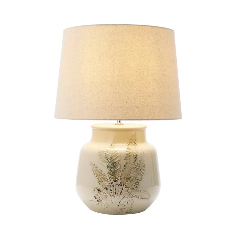 Hello Honey® 22" Cream and Green Reactive Crackle Glaze Debossed Botanical Stoneware Table Lamp with Linen Shade Set