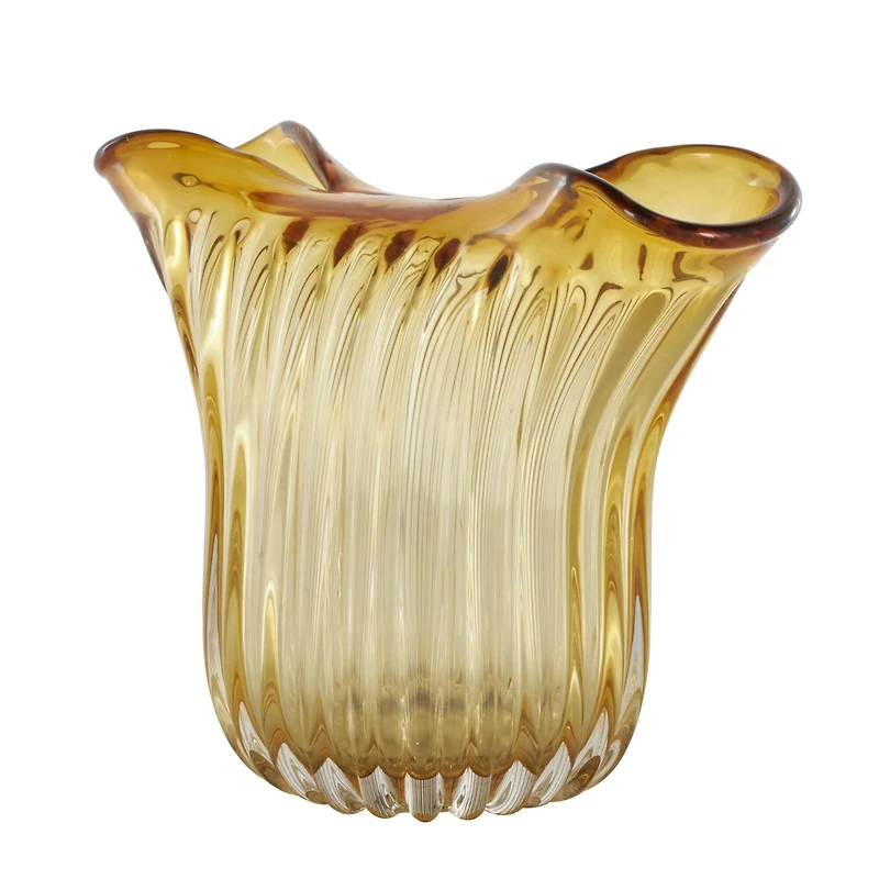 14" Orange Glass Ribbed Ombre Vase with Folded Curve Opening