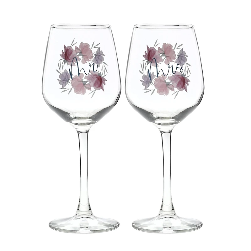 12oz. Mr. & Mrs. Floral Wine Glass Set