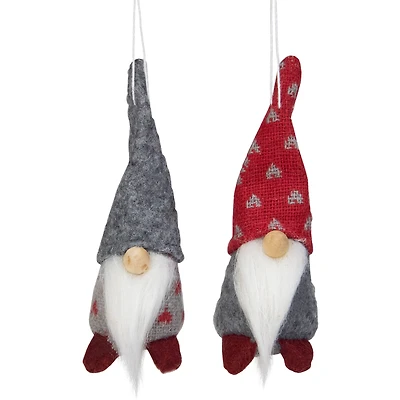 Santa Gnomes Christmas Ornaments - 4.25" - Gray and Red - Set of 2