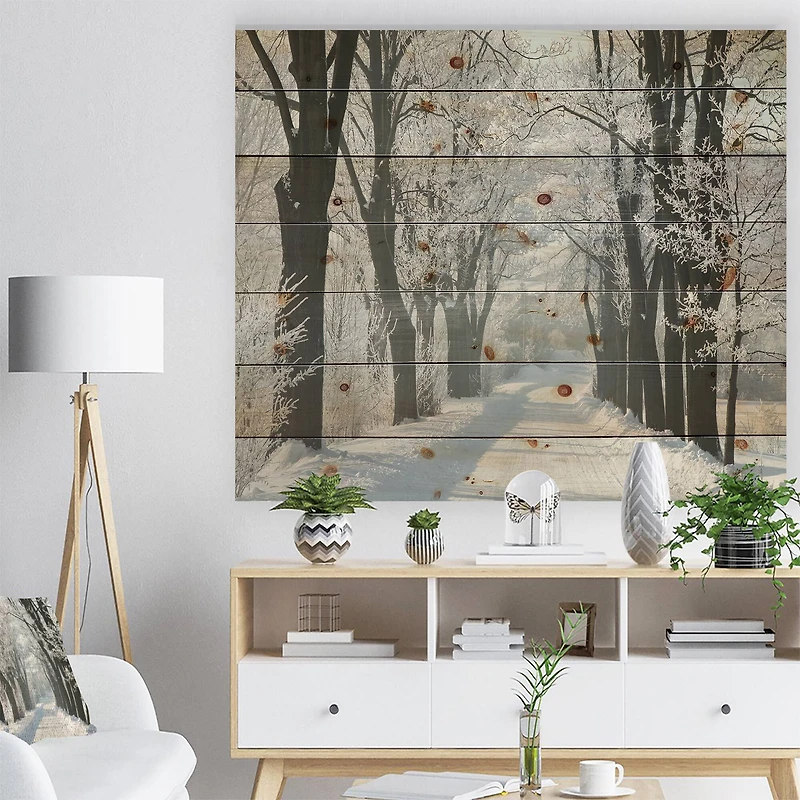 Designart - Country Road Between Foggy Trees - Forest Print on Natural Pine Wood