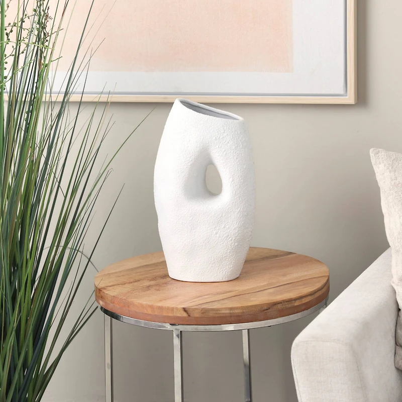 15" White Ceramic Abstract Textured Vase with Cutout Center