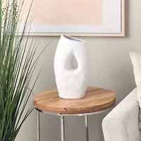 15" White Ceramic Abstract Textured Vase with Cutout Center