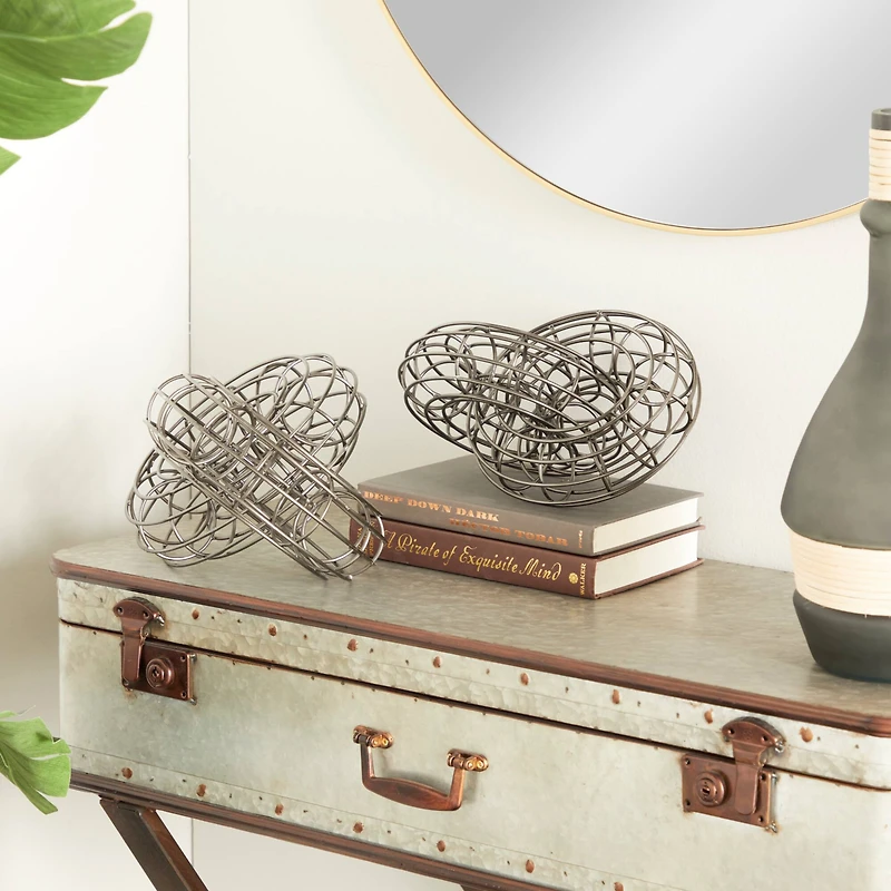 Set of 2 Grey Metal Contemporary Sculptures, 7" x 8" x 9"