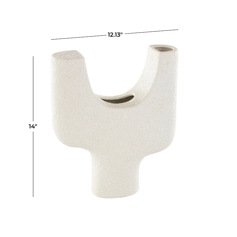 14" Speckled White Abstract Curved Ceramic Vase with Dual Openings