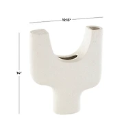 14" Speckled White Abstract Curved Ceramic Vase with Dual Openings
