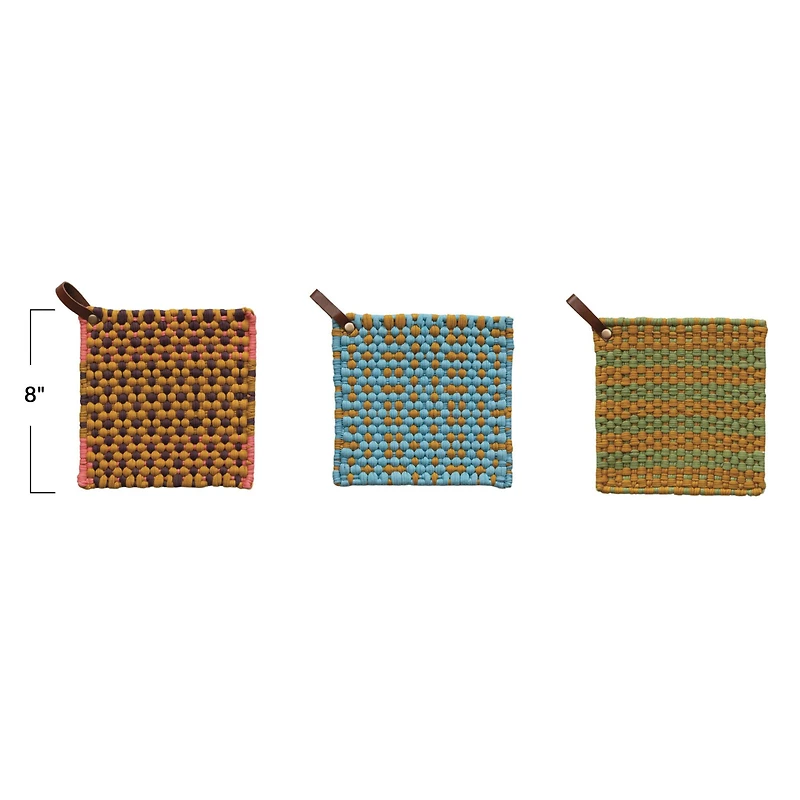 Hello Honey® Multi-Tone Cotton Crocheted Pot Holders with Leather Loop Set