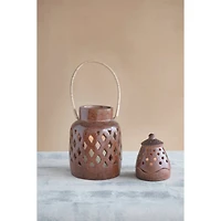 Handmade Reactive Glaze Terra-cotta Lantern With Cut-Outs & Rattan Wrapped Handle