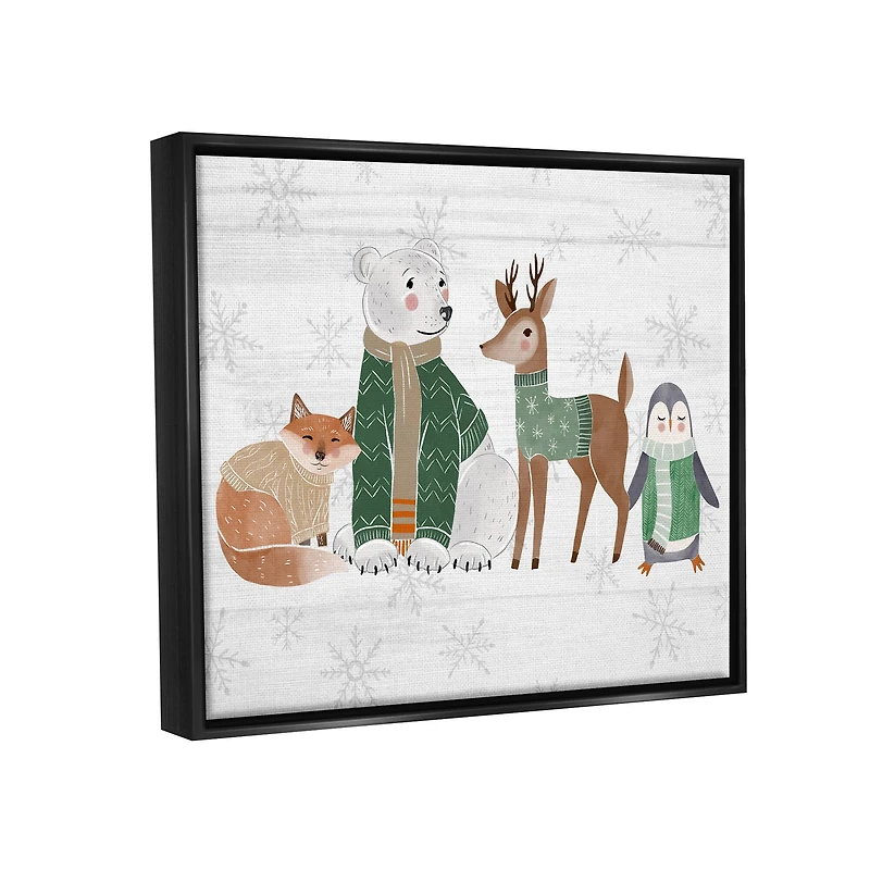 Stupell Industries Winter Wildlife Animals Snowflakes Framed Floater Canvas Wall Art