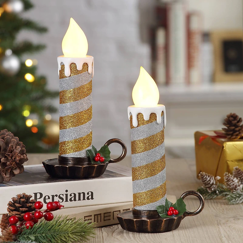 10" Gold & Silver Flickering LED Glittery Striped Candles, 2ct.