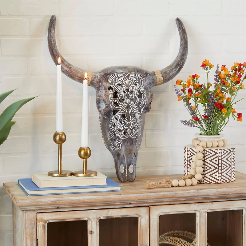 Grey Resin Bohemian Skull Wall Decor 5" x 20" x 23"