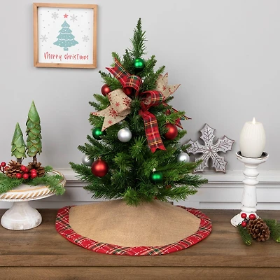 20" Burlap & Red Plaid Trim Mini Tree Skirt