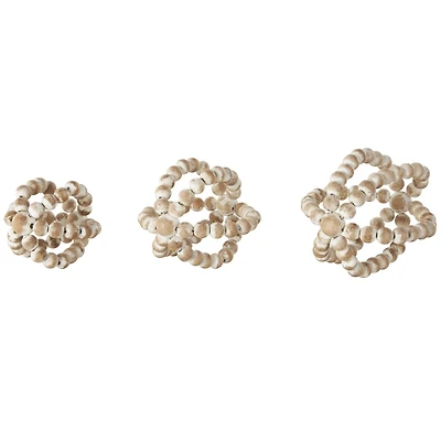 Whitewashed Brown Beaded Knot Wood Sculpture Set
