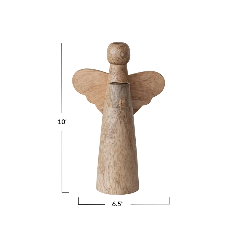 Hello Honey® 10" Natural Tall Mango Wood Angel Taper Candle Holder