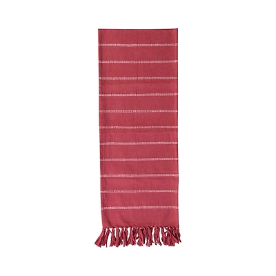 Hello Honey® 72" Red & White Brushed Cotton Flannel Table Runner with Stripes & Fringe