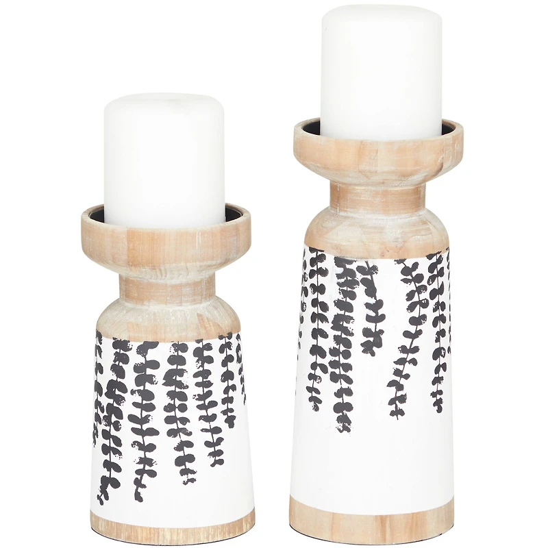 Brown Wood Drooping Vine Pillar Leaf Candle Holder Set