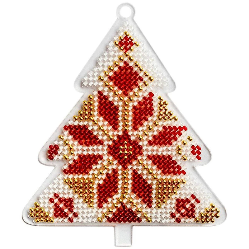 Wonderland Crafts Red & Gold Fair Isle Tree Ornament Bead Embroidery on Plastic Kit