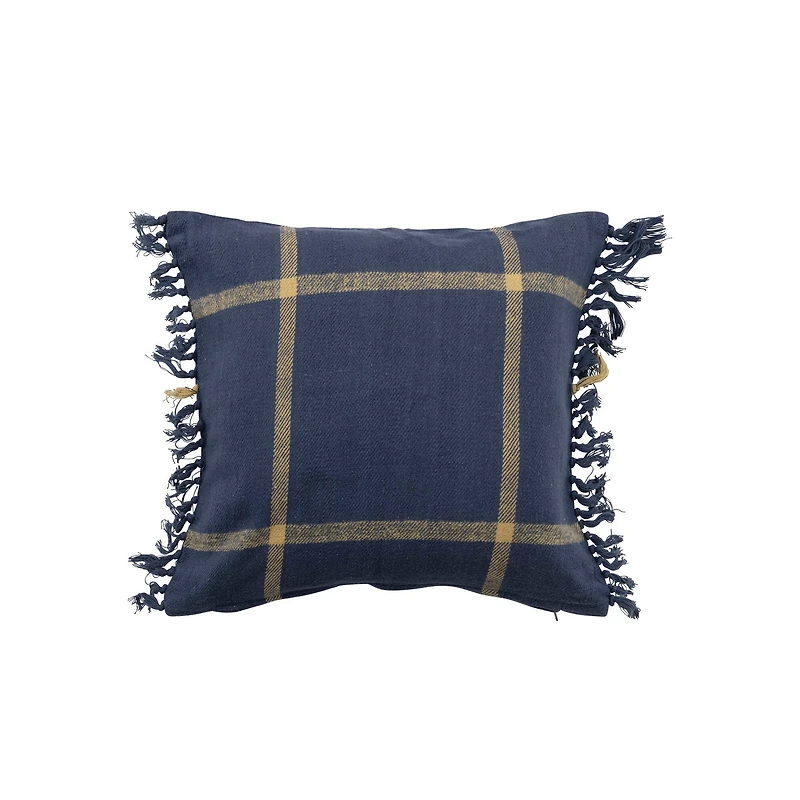 Hello Honey® Blue & Citron Plaid Cotton Flannel Pillow with Fringe