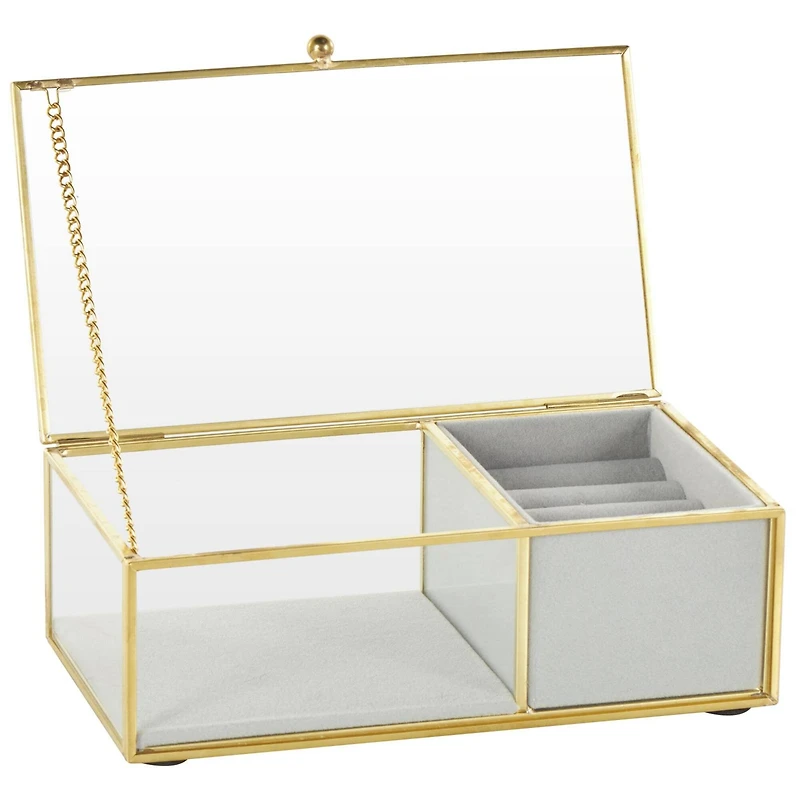 7" x 4" x 3" Clear & Gold Glass & Metal Jewelry Box with Chain Accent & Fabric Ring Slots