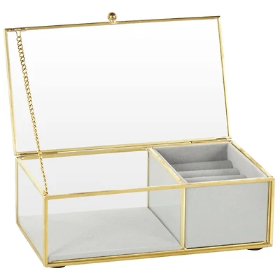 7" x 4" x 3" Clear & Gold Glass & Metal Jewelry Box with Chain Accent & Fabric Ring Slots