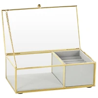 7" x 4" x 3" Clear & Gold Glass & Metal Jewelry Box with Chain Accent & Fabric Ring Slots