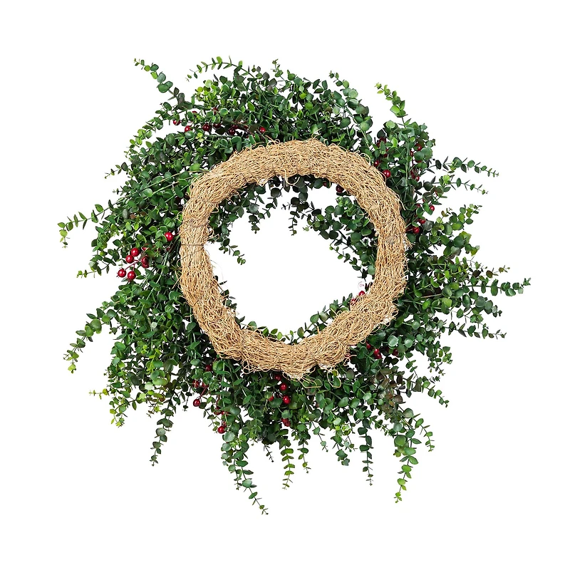 Glitzhome® 28"D Christmas Greenery PE Eucalyptus Wreath with Red Berries