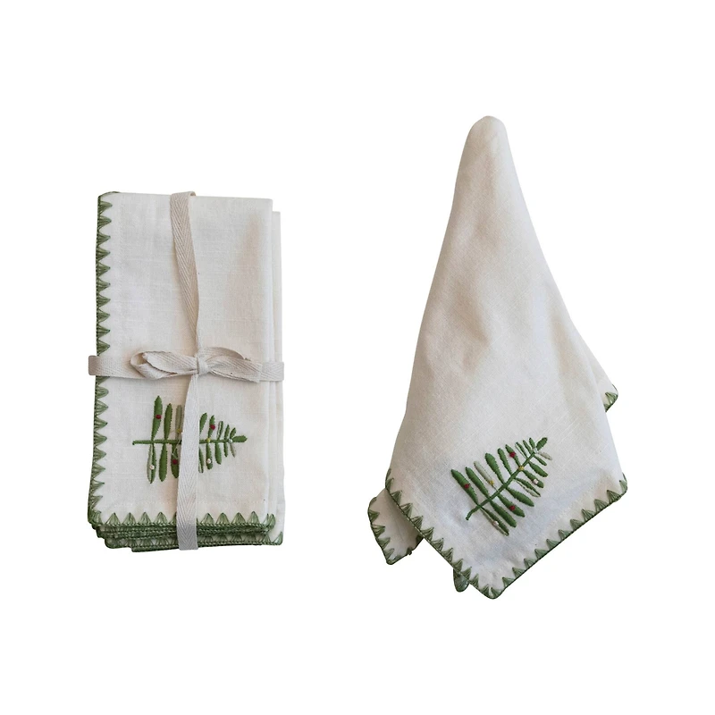 Hello Honey® Natural & Green Embroidered Tree Cotton Napkins, 4ct.