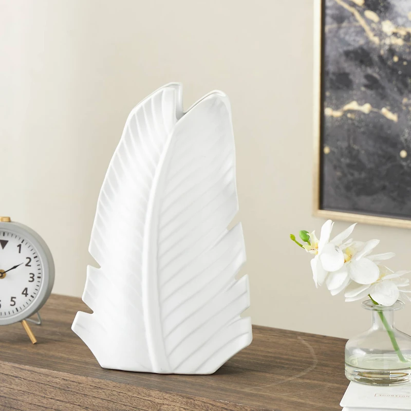 15" White Ceramic Palm Leaf Vase