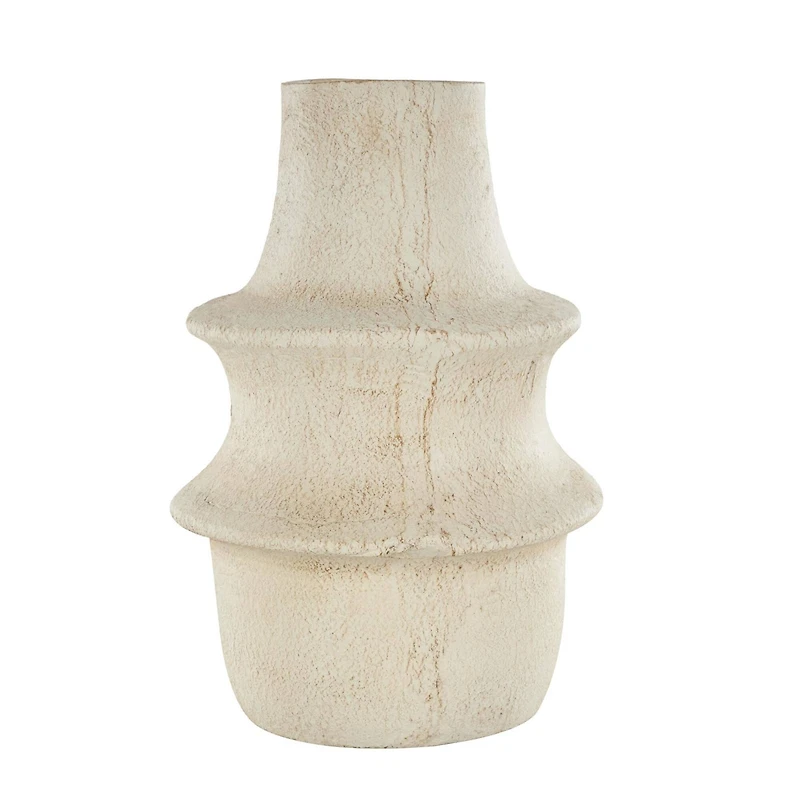 15.25" Cream Textured Paper Mache Fluted Vase with Ring Handle