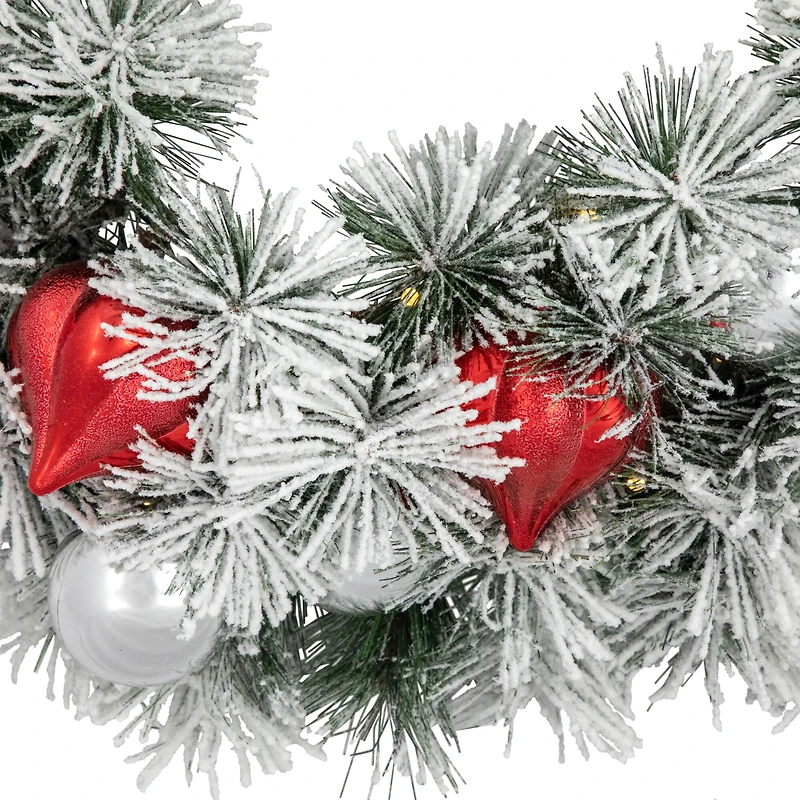 24" Pre-Lit Snowy Bristle Pine Christmas Wreath, Warm White LED Lights