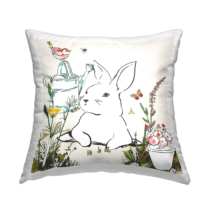 Stupell Industries Curious Bunny Rabbit Floral Bird Perched Throw Pillow, 18" x 18"