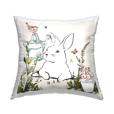 Stupell Industries Curious Bunny Rabbit Floral Bird Perched Throw Pillow, 18" x 18"