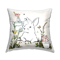 Stupell Industries Curious Bunny Rabbit Floral Bird Perched Throw Pillow, 18" x 18"