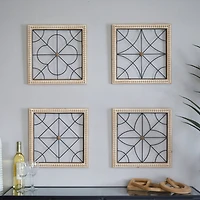 Brown Wood Carved Beading Geometric Wall Decor with Metal Wire Set of 4 16", 16"