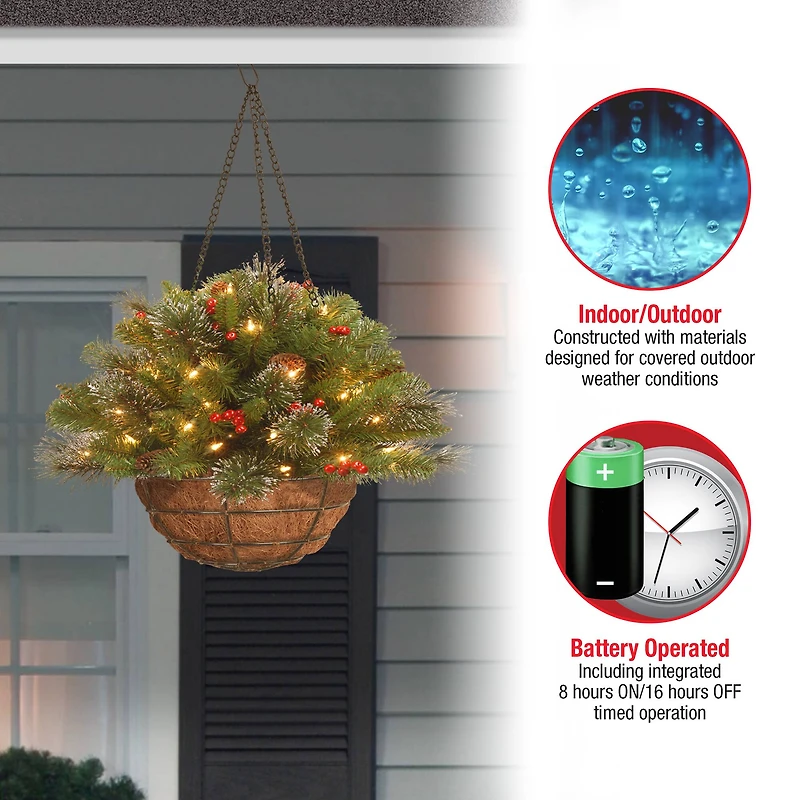 20" Pre-lit Crestwood Spruce Artificial Christmas Chain Hanging Basket with Silver Bristle, Cones, Red Berries, Glitter, Coconut Fiber in Basket with LED Lights