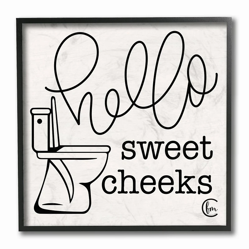 Stupell Industries Toilet Hello Sweet Cheeks Black and White Curly Script Cursive Typography Framed Wall Art