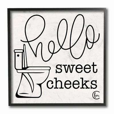 Stupell Industries Toilet Hello Sweet Cheeks Black and White Curly Script Cursive Typography Framed Wall Art
