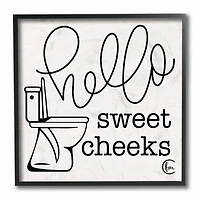 Stupell Industries Toilet Hello Sweet Cheeks Black and White Curly Script Cursive Typography Framed Wall Art