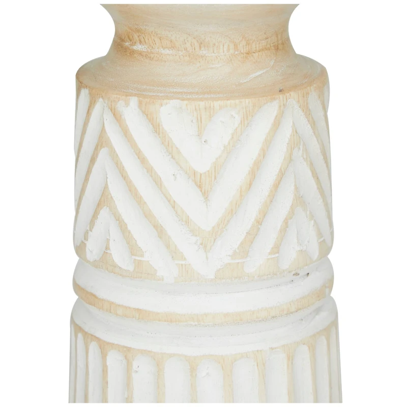 Light Brown Mango Wood Carved Tribal Pillar Candle Holder Set