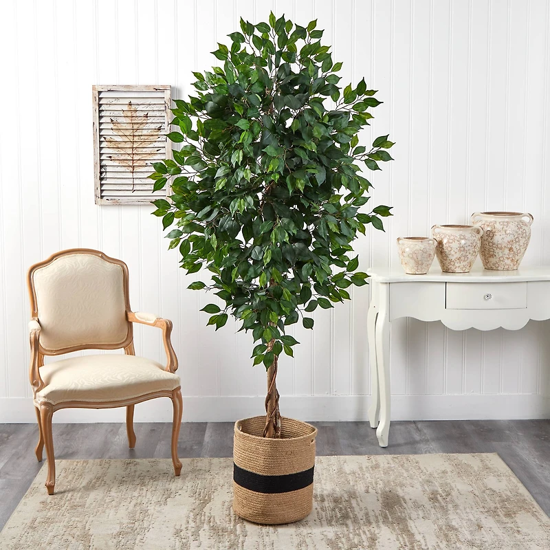 6ft. Ficus Artificial Tree with Natural Trunk in Handmade Natural Cotton Planter