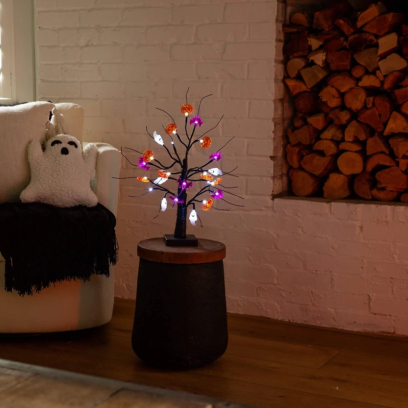 18in. Pre-Lit Artificial Halloween Ghost, Bats & Pumpkins 24 LED Lighted Ornament Tree