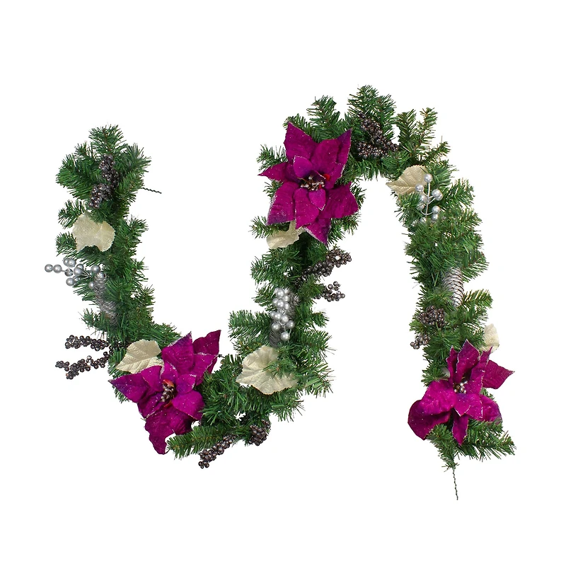 Two-Tone Pine with Purple Poinsettias Berries & Pine Cones Garland, Unlit