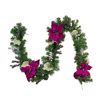 Two-Tone Pine with Purple Poinsettias Berries & Pine Cones Garland, Unlit