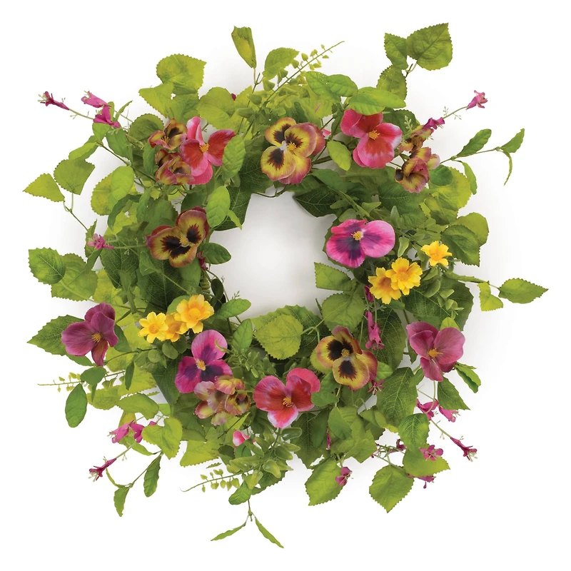 20" Pink & Yellow Mixed Pansy Floral Candle Ring