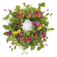 20" Pink & Yellow Mixed Pansy Floral Candle Ring