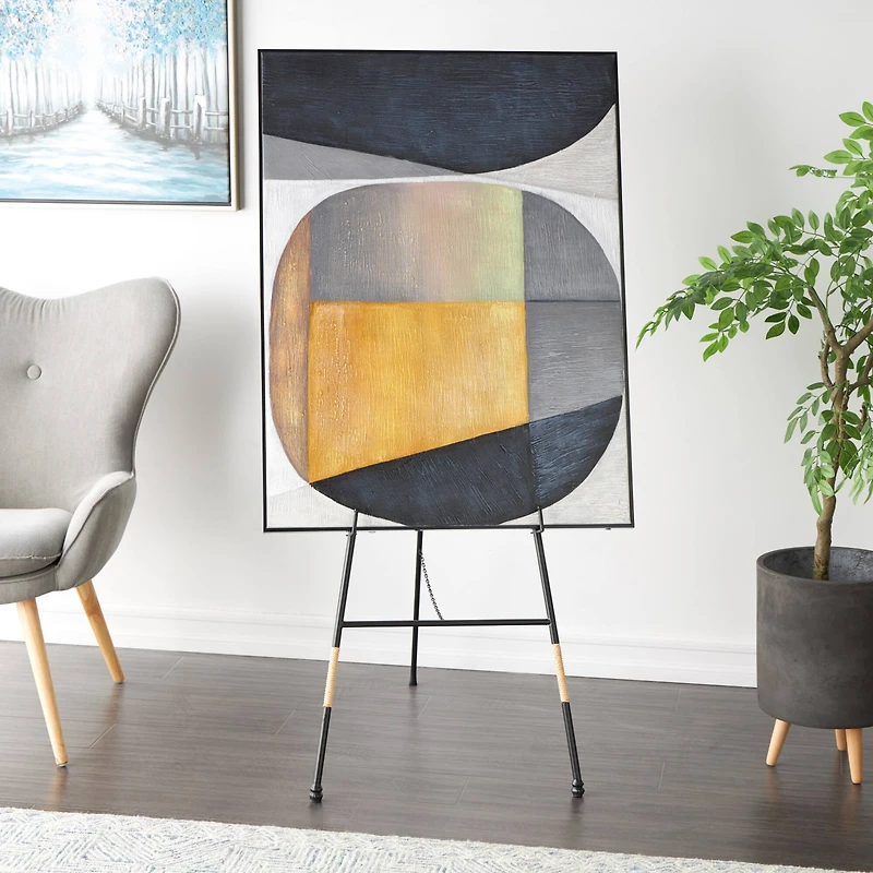 53.5" Black Metal Slim Foldable 2-Tier Easel with Wrapped Rattan Accents