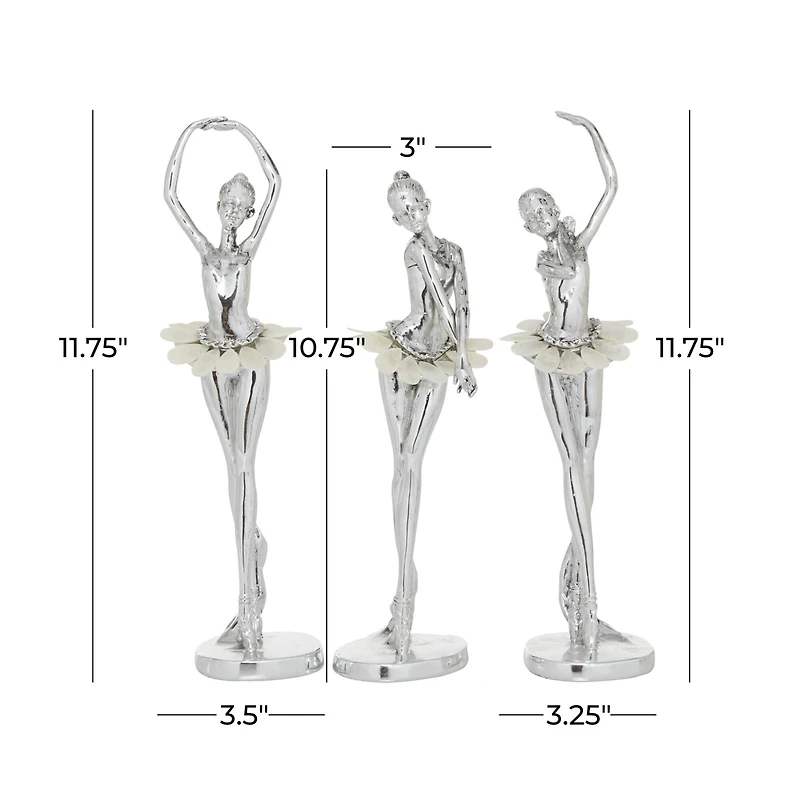 Set of 3 Silver Polystone Glam Dancer Sculpture, 10.75", 11.75", 11.75"