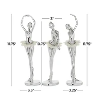 Set of 3 Silver Polystone Glam Dancer Sculpture, 10.75", 11.75", 11.75"